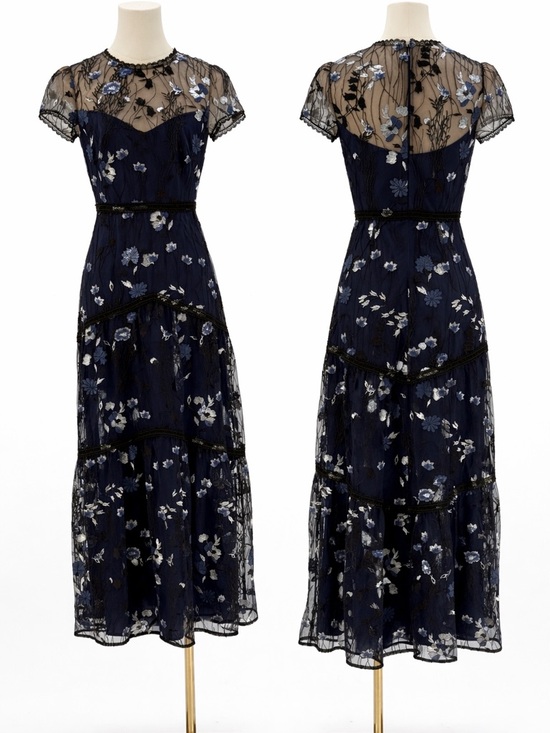 Monique Lhuillier Navy Blue Floral Embroidered Lace Midi Evening Cocktail Dress - Picture 3 of 16
